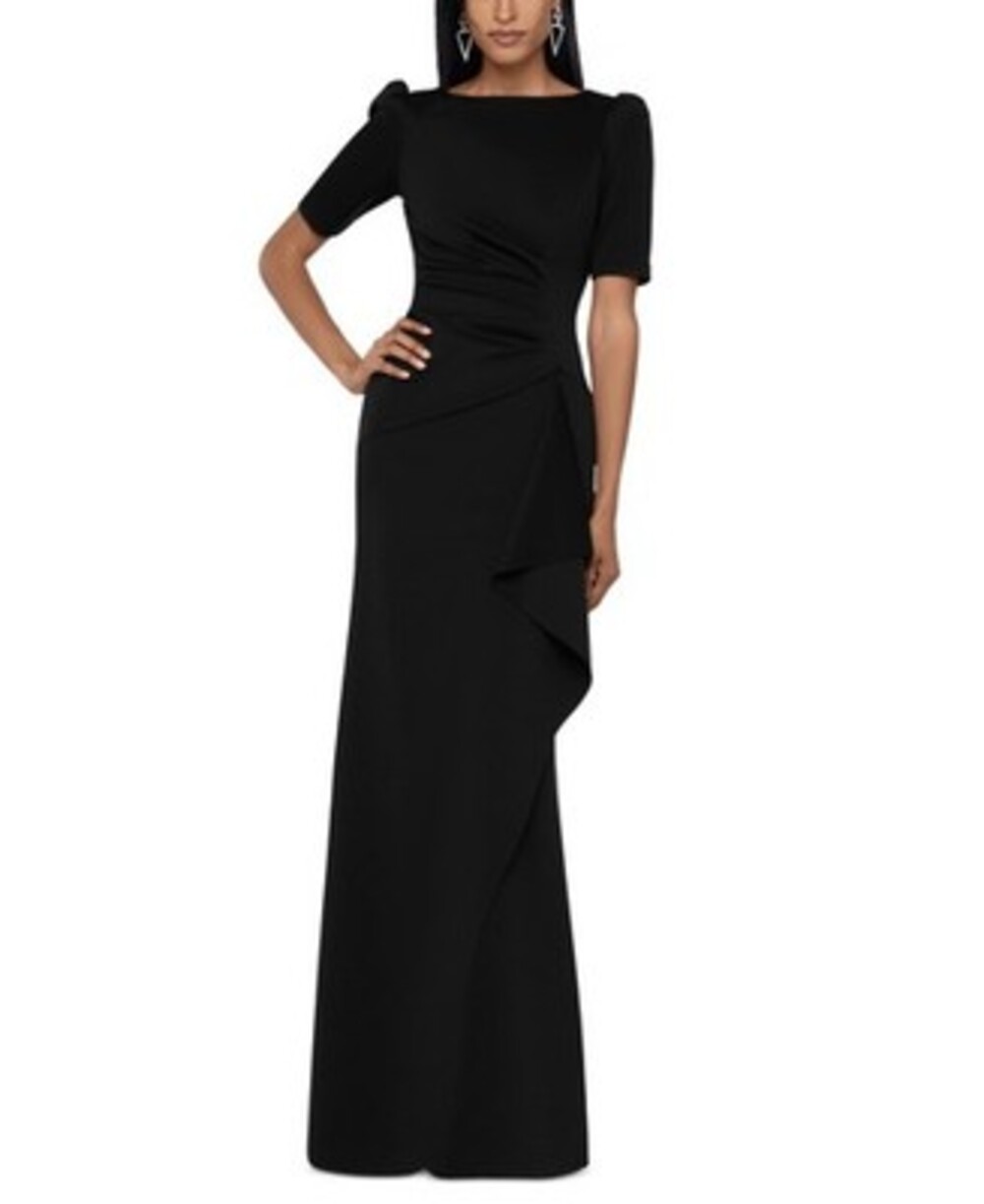 Xscape Ruched A-Line Ruched Waist Gown Women's 18 Black High Neck Zip Closure